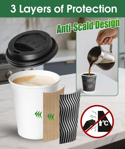 Miniatura 4 de Paquete de 100 Tazas de Café Desechables de 8 oz con Tapas, Tazas de Café Aisladas Gruesas Para Llevar para Bebidas Calientes/Frías, Tazas de Pared