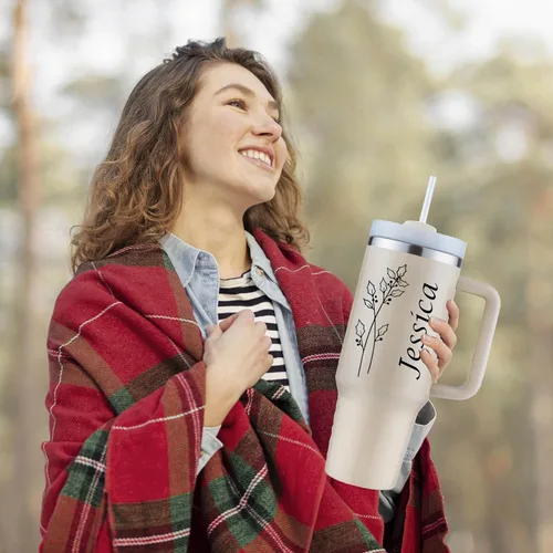 Miniatura 6 de Vaso personalizable de 40 onzas con asa y tapa con pajilla, regalos inspiradores para mujeres, colores vivos, acero inoxidable con aislamiento