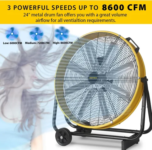 Miniatura 3 de VENTISOL Ventilador de tambor industrial de alta velocidad de 24 pulgadas, ventiladores de metal resistente, 8 cuchillas, 3 velocidades, 8600 CFM