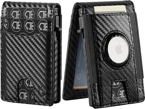 Gemonklee Billetera para hombre, billetera Airtag con ventana de identificación con correa de efectivo, soporte para tarjeta de crédito, billetera