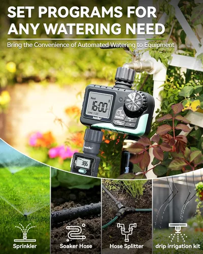 Miniatura 9 de RAINPOINT Temporizador de agua para manguera de jardín, temporizador de rociador de 2 zonas con retardo de lluvia, riego manual, riego automático