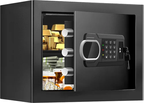 Caja de seguridad pequeña contra incendios de 1.3 pies cúbicos para el hogar, caja de seguridad ignífuga con teclado digital, llaves de repuesto y