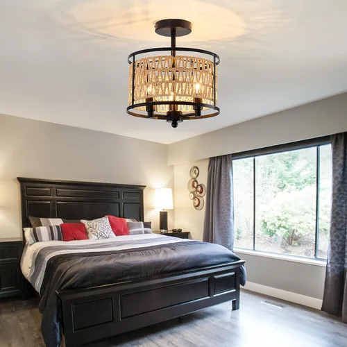 Miniatura 7 de Lámpara de techo de ratán de 3 luces, de 11 pulgadas, estilo bohemio, semiempotrada, lámpara de techo negra tejida a mano para casa de campo