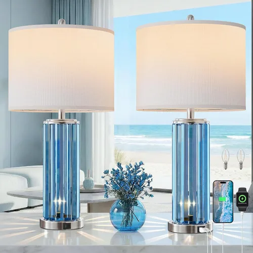 Miniatura 10 de QiMH Juego de 2 lámparas de mesa doradas para dormitorio, con luz nocturna, moderna lámpara de noche con 2 puertos de carga USB A+C, lámpara