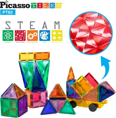 Miniatura 2 de PicassoTiles Juego de 63 piezas de azulejos magnéticos de diamante + 4 figuras de acción familiar, juego de juguetes de construcción de bloques