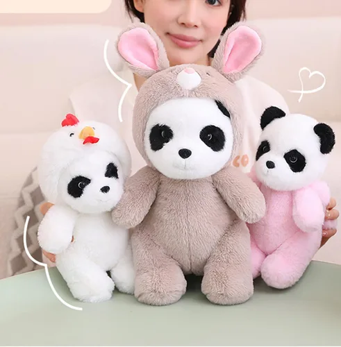 Miniatura 6 de Lindo panda de peluche para cosplay como conejo marrón, juguete de peluche suave de panda en disfraz de conejo, juguetes de peluche para niños de 12