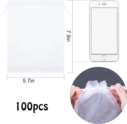 Miniatura 2 de 100 bolsas de malla de frutas de organza de 6 x 8 pulgadas, bolsas de protección de frutas con cordón, bolsa de barrera de red para plantas de Blanco