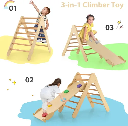 Miniatura 3 de OLAKIDS Pikler - Juego de triángulos 3 en 1, juguetes de escalada para niños pequeños, madera Montessori Baby Jungle Gym con rampa, escalera