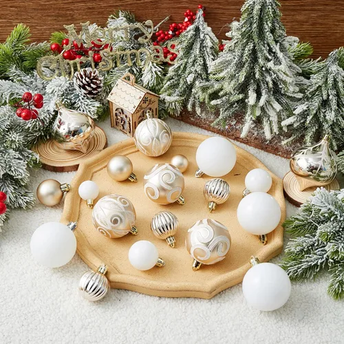 Miniatura 3 de Juego de adornos de bolas de Navidad surtidas de 100 unidades, decoración de árbol de Navidad de temporada inastillable con paquete de regalo Dorado