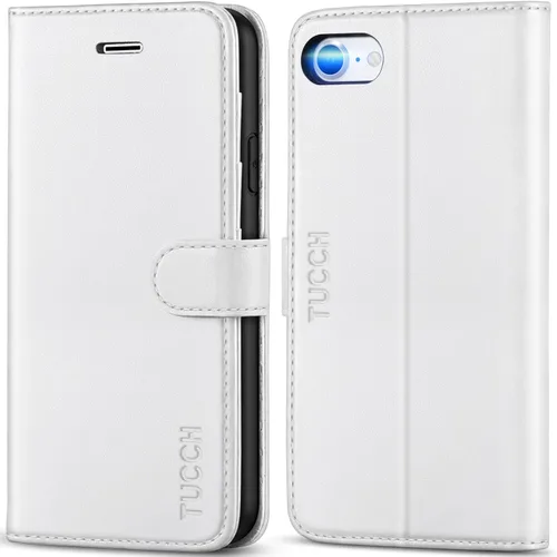 Miniatura 18 de TUCCH Funda tipo cartera para iPhone SE 2022/SE 2020/iPhone 8/7, tarjetero con función atril de piel sintética, magnética, funda protectora de Negro