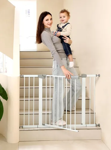 Miniatura 15 de Puerta de seguridad para bebés y mascotas de 29"-57", puerta de metal de 30" de alto con paso para puertas y escaleras, fácil de abrir con una sola