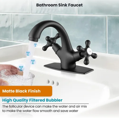 Miniatura 7 de gotonovo Grifo de lavabo de baño de un solo agujero, doble mango cruzado, pomos mezcladores para lavabo con drenaje desplegable y placa de cubierta