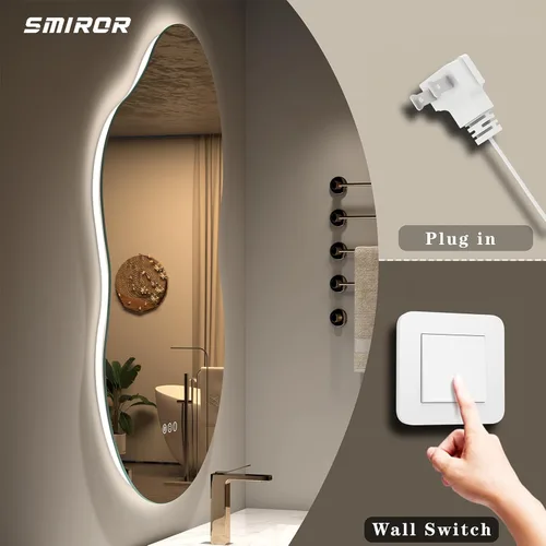 Miniatura 7 de SMIROR Espejo de Baño Retroiluminado Irregular con Luces 20 x 32, Espejo de Tocador con Luz LED Asimétrica en Forma de Nube para Pared