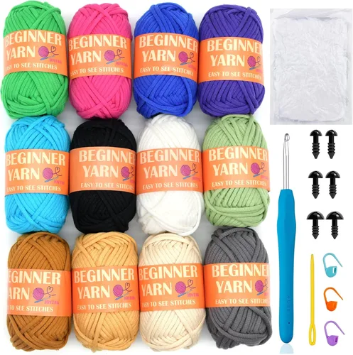 Miniatura 8 de 24 Pack de Hilo de Ganchillo para Principiantes Azul Rosa Púrpura Marrón Arcoíris de Algodón para Tejer y Ganchillo con Puntos Fáciles de Ver Kit