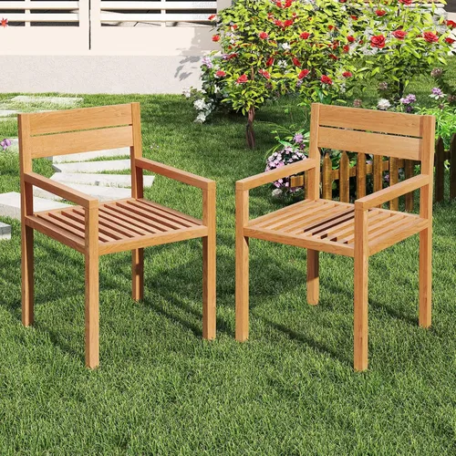 Miniatura 2 de Tangkula Silla de madera de teca para exteriores, sillón de comedor con asiento y respaldo de tablillas, muebles de asiento de madera maciza