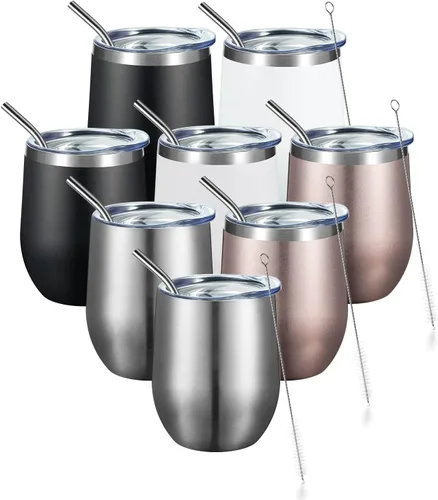 Miniatura 36 de COMOOO Vaso de vino aislado de 12 onzas con tapa, vaso de vino de acero inoxidable sin tallo, vaso de vino de doble pared al vacío con pajita, café