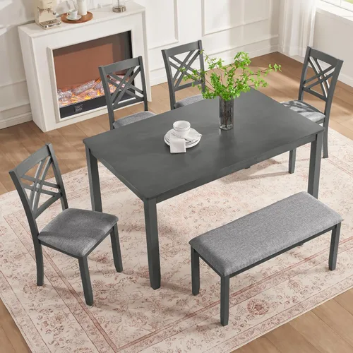 Miniatura 16 de Bellemave Juego de mesa de comedor de 6 piezas para 6 mesas de cocina rectangulares con 4 sillas de comedor y banco, juego de comedor para 6
