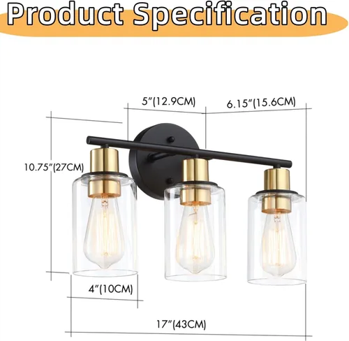 Miniatura 3 de Lámpara de tocador de 3 luces negra y dorada sobre el espejo, lámparas de pared de baño con pantalla de vidrio transparente que incluye base mediana