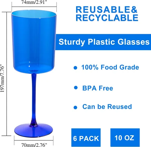 Miniatura 2 de Ciaell Paquete de 6 copas de vino de plástico azules de 10 onzas con tallo – Copas de vino desechables para fiestas, bodas, piscina, aire libre