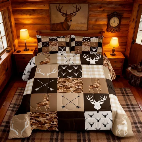 Miniatura 87 de Juego de edredón de cuernos de ciervo tamaño individual, juego de ropa de cama rústica de granja con huellas de oso y pinos para decoración