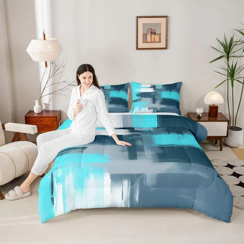 Miniatura 5 de Feelyou Juego de edredón abstracto moderno de arte abstracto para niños y niñas, juego de ropa de cama con patrón azul verde azulado, decoración