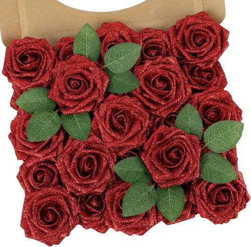 Miniatura 51 de N&T NIETING 25 unidades de flores artificiales, Rosas de espuma artificial de sensación real al tacto, decoración para boda, dama de honor, ramo