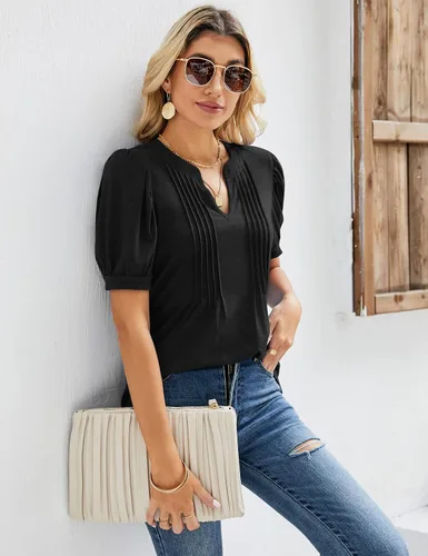 Miniatura 2 de Micoson Camisetas plisadas de manga corta con cuello en V para mujer, blusa casual de verano