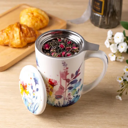 Miniatura 3 de Taza de Té de Porcelana AmorArc con Infusor y Tapas, Taza Grande de 18 Oz con Filtro con Soporte para Bolsa de Té de Hojas Sueltas, Taza para Salvia