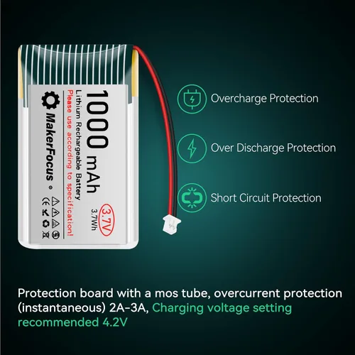 Miniatura 6 de Batería recargable de polímero de litio de 3.7 V 1000 mAh con placa de protección, cinta de goma aislada y enchufe JST 1.25 para placa de desarrollo