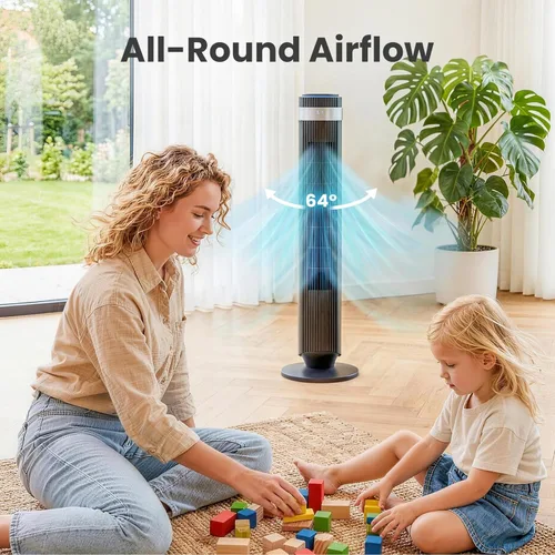 Miniatura 6 de NEWBULIG Ventilador de torre para dormitorio, ventilador oscilante sin aspas con control remoto, 5 velocidades y 4 modos, 28 dB silencioso para Negro