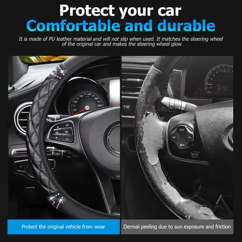 Miniatura 4 de Funda brillante para volante de coche, 14.5-15 pulgadas, piel de oveja con cristales de estrás elástica, protector de volante de vehículo