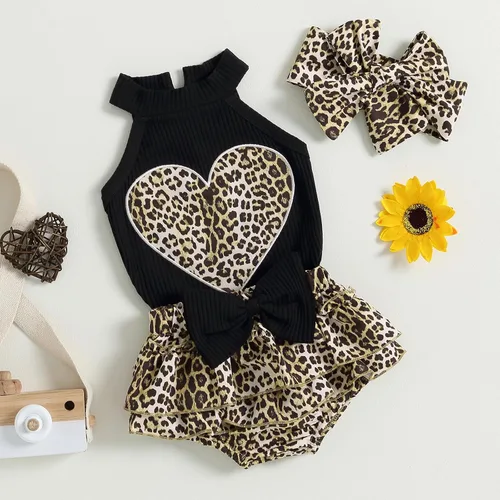 Miniatura 2 de Conjunto de ropa de verano para bebé recién nacida, sin mangas, con estampado de amor, volantes, pantalones cortos de leopardo, 3 piezas, diadema