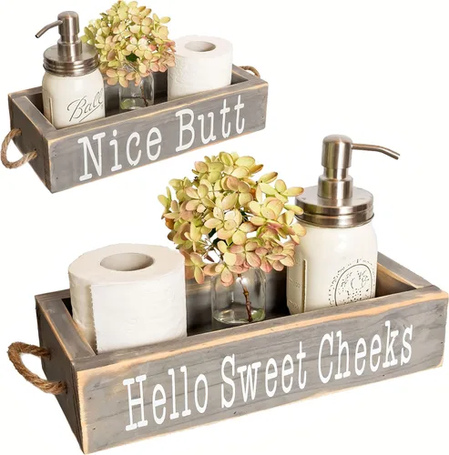 Miniatura 8 de MAINEVENT - Caja de decoración de baño con frase "Hello Sweet Cheeks", una caja con diseño en 2 lados, organizador de baño de estilo granja Blanco
