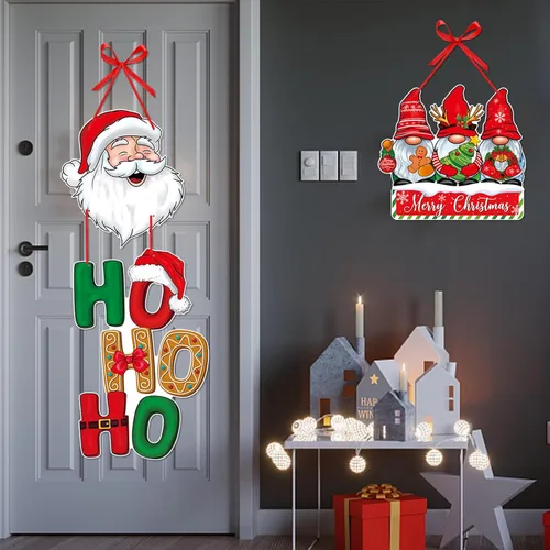 Miniatura 7 de Cartel de Navidad para puerta delantera de porche, decoración de Navidad en rojo y verde, carteles de papel para fiesta, carteles, árboles, alces