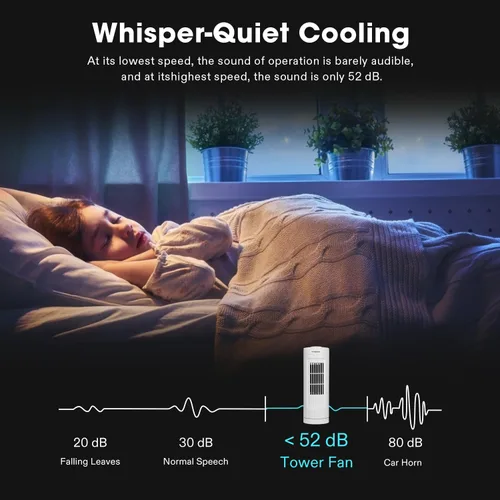 Miniatura 4 de VIVOSUN Ventilador de torre de 13 pulgadas, ventilador de escritorio sin aspas con 3 velocidades y oscilación de 70°, portátil y compacto