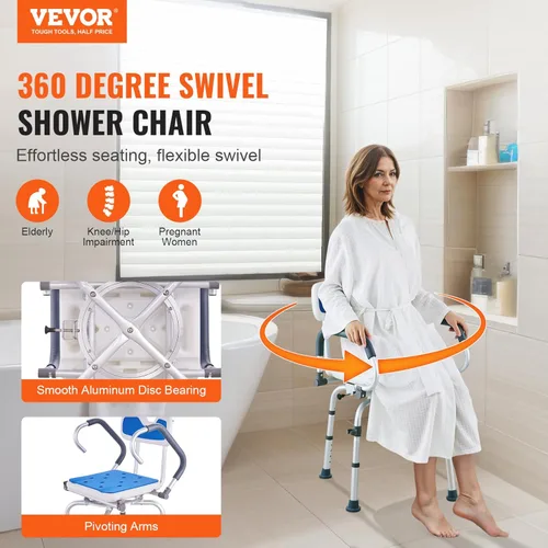 Miniatura 2 de VEVOR Silla de ducha giratoria de 360 grados, asiento de ducha ajustable con brazos giratorios para duchas o bañeras interiores, silla de ducha