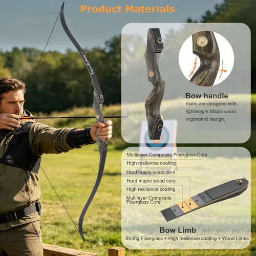 Miniatura 3 de TOPARCHERY 60'' Archery Recurve Bow and Arrow Set for Adult Target Practice Competition Survival Longbow Right Hand 30-50lbs with 6pcs Fiberglass