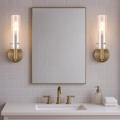 Miniatura 5 de BYOLIIMA Apliques de pared modernos con pantallas de vidrio ámbar a rayas, latón cepillado dorado, lámparas de tocador de baño, interruptor