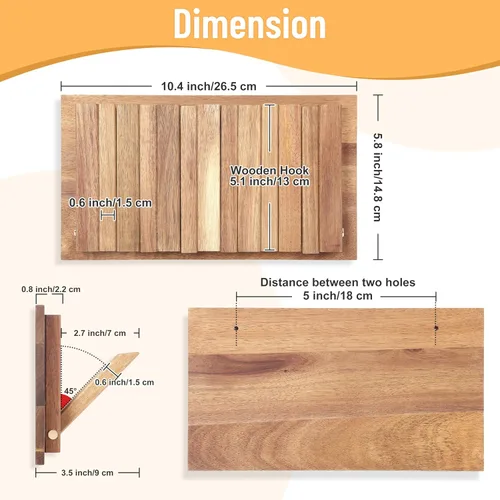 Miniatura 9 de Pequeño Perchero para Apartamento: 10.4 Pulgadas de Madera Rústica con 6 Ganchos de Pared Montable Retractable para Espacios Estrechos, Entrada