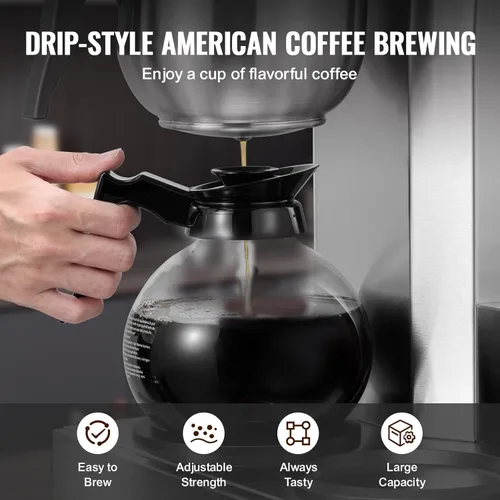 Miniatura 6 de VEVOR Cafetera de Goteo Comercial de 12 Tazas, Máquina Cafetera con 3 Jarras de Vidrio y 3 Platos Calentadores, Cafetera de Acero Inoxidable