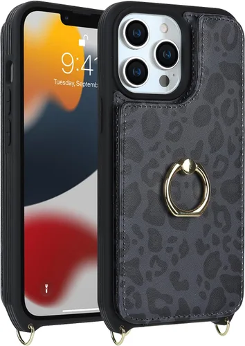 Miniatura 9 de Lipvina Funda para iPhone 13 Pro con tarjetero y correa para mujer, cordón cruzado, soporte de anillo con soporte, cierre a presión, bonitas fundas