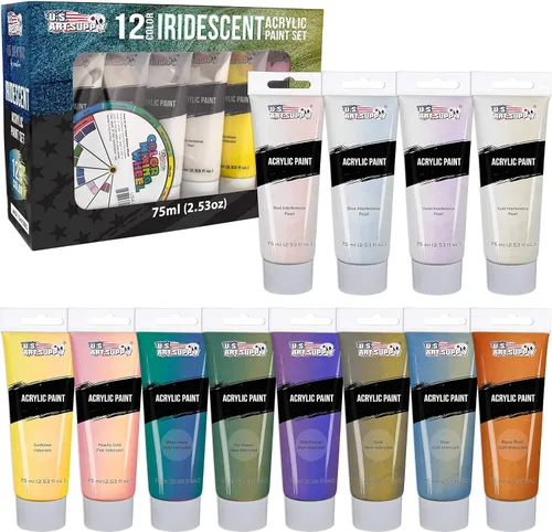 U.S. Art Supply Juego de pintura acrílica iridiscente de 12 colores, tubos grandes de 2.5 onzas líquidas, luminiscentes, camaleón, colores de perlas