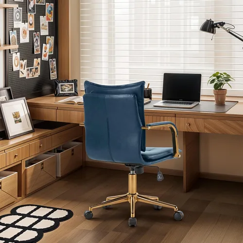 Miniatura 3 de MOJAY Silla de Oficina Ergonómica de Cuero con Respaldo Medio, Silla de Escritorio Ejecutiva Moderna Tapizada con Marco Dorado, Reposabrazos, Silla