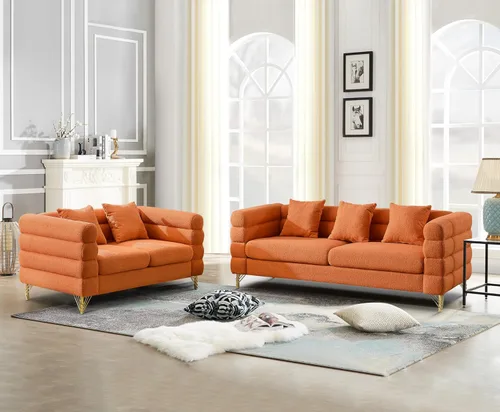 Miniatura 13 de Juego de 2 sofás para sala de estar, cómodo sofá de bouclé con sofá cama y sofá de 3 plazas, sofá tapizado con 2 almohadas y diseño de asiento