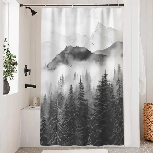 Miniatura 13 de Cortina de ducha pequeña en blanco y negro, juego de cortina de ducha de bosque brumoso para baño, impermeable, decoración de baño de montaña