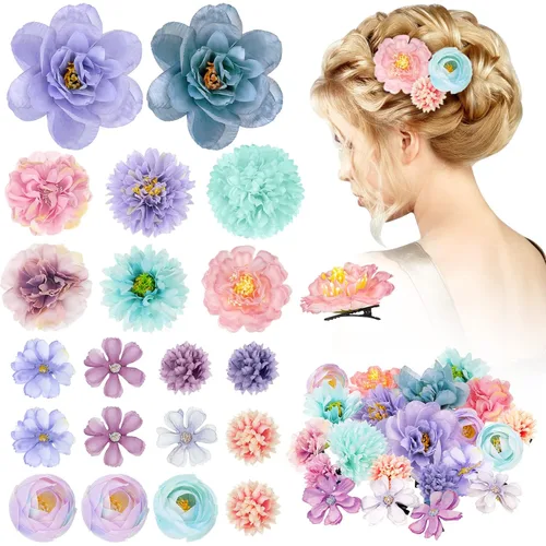 Miniatura 25 de BBTO 21 piezas pinzas para el pelo con diseño de flores, pasadores para el cabello con rosas, diademas para mujer, accesorios de flores, estilo Azul