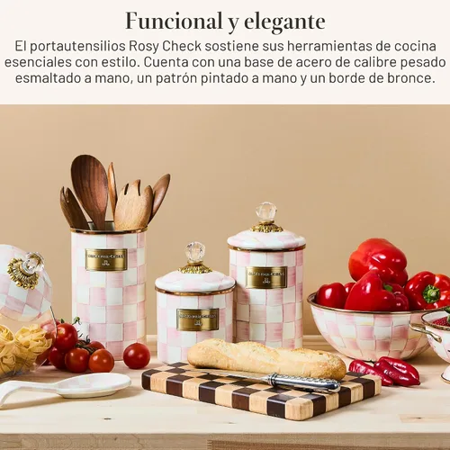 Miniatura 2 de MACKENZIE-CHILDS Soporte esmaltado para utensilios de cocina, para encimera, organizador de almacenamiento, cuadros rosados y blancos Rosy Check