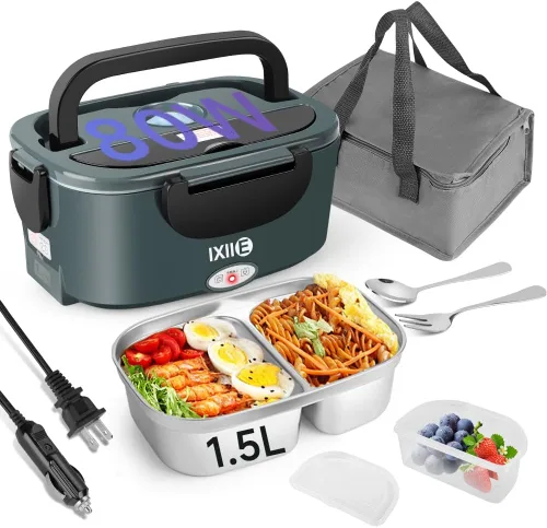 Miniatura 10 de IXIIE Fiambrera eléctrica de 80 W para adultos, calentador de almuerzo de 1.5 L con 2 compartimentos para camiones/coches/trabajo, lonchera térmica