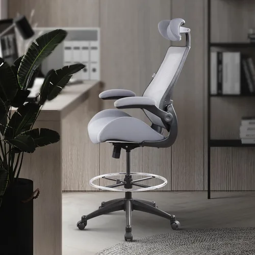 Miniatura 4 de BOLISS Silla de oficina para computadora de respaldo alto de 400lbs con reposabrazos abatibles, soporte lumbar y reposapiés grande ajustable (Gris)