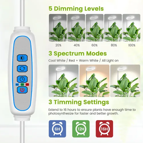 Miniatura 5 de Kullsinss Luz de Cultivo Blanca, Luces LED de Espectro Completo para Cultivo en Interior con Temporizador de 6/12/16H, 3 Modos de Color, 5 Niveles